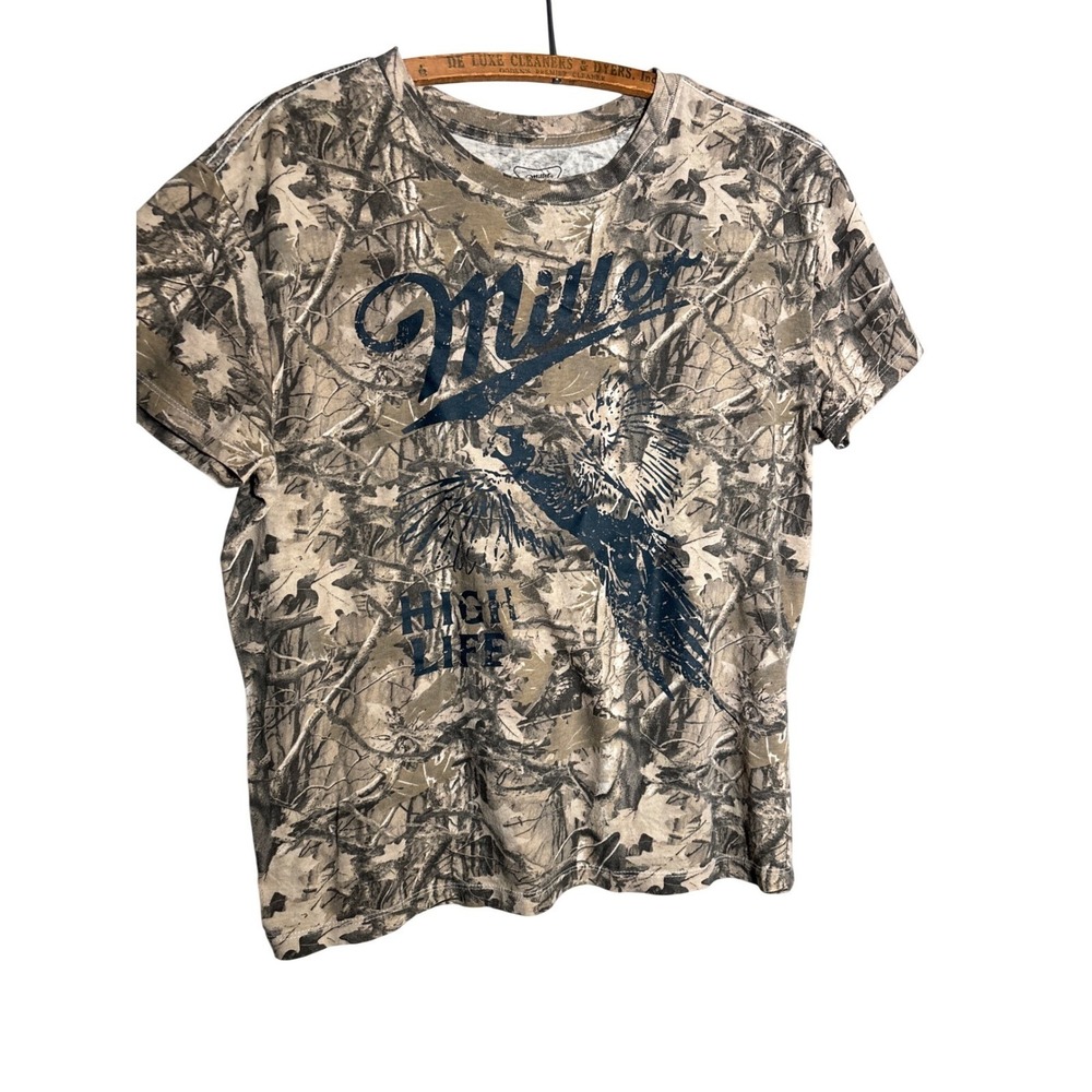 Miller High Life Camo T-Shirt Womens L Rodeo Western Graphic Beer Tee Camo Party
